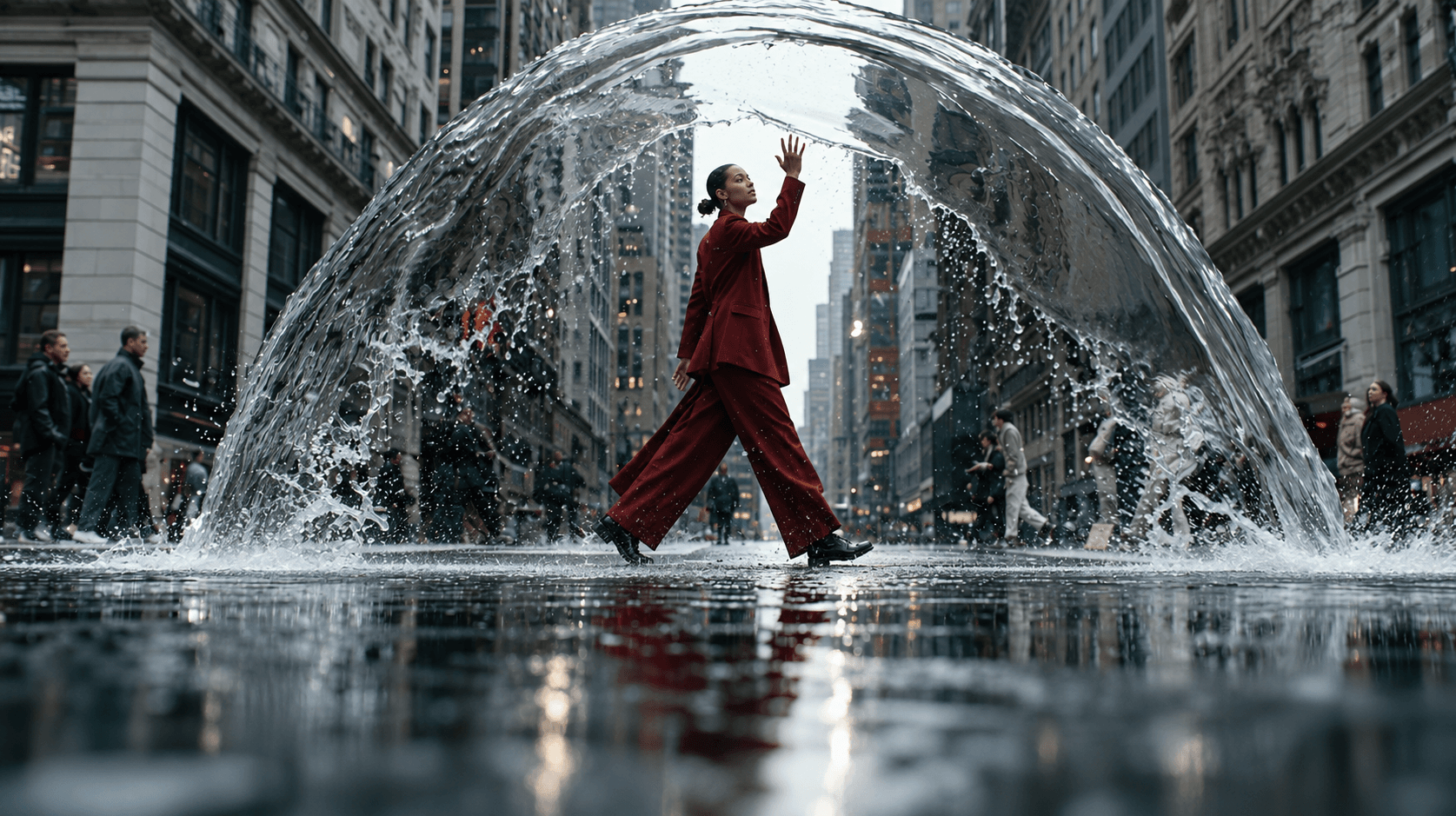 A woman in a burgundy suit walks beneath an arch of suspended water on a city street.