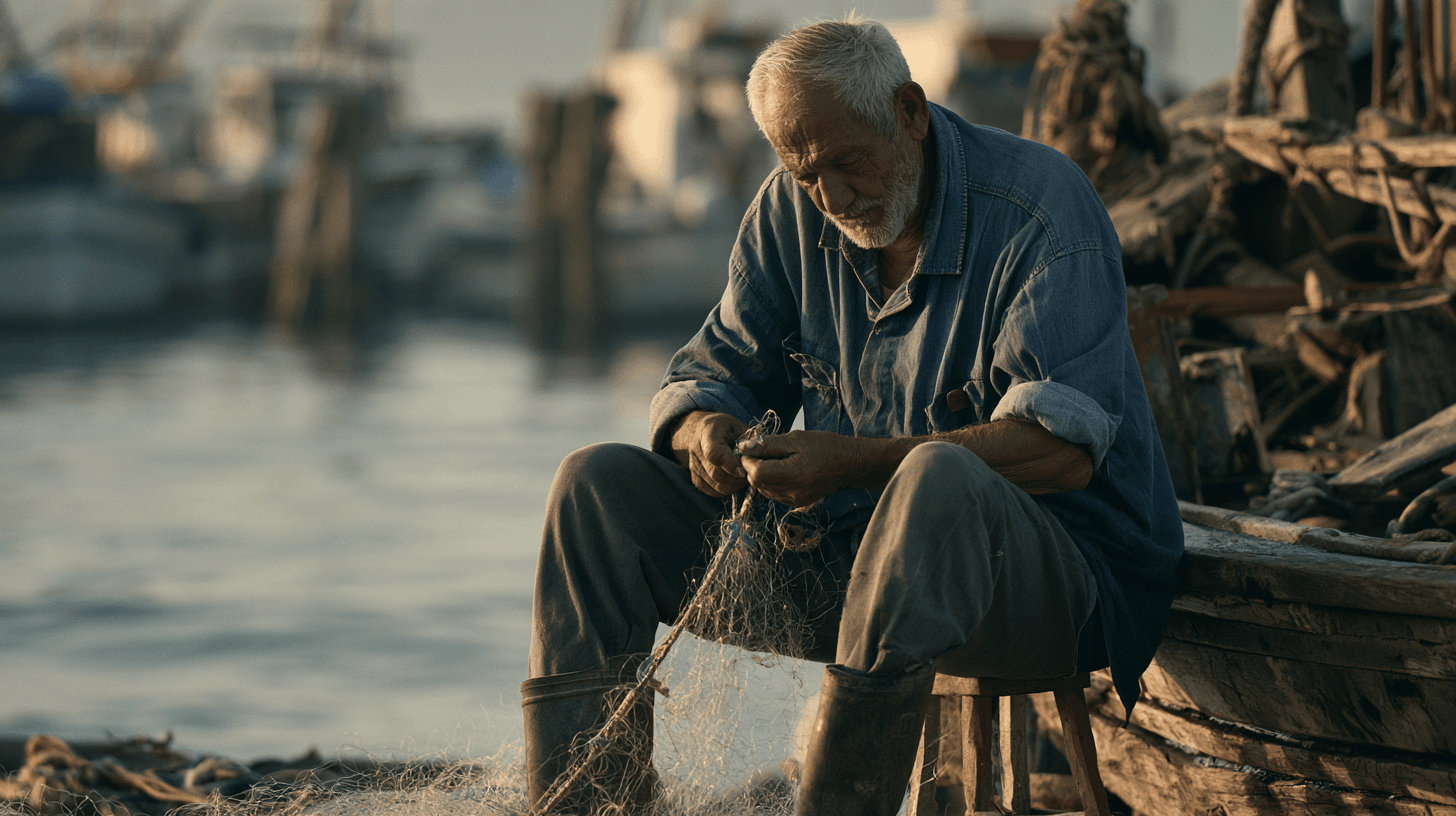 An elderly fisherman repairs a fishing net beside a wooden boat in the morning light at a harbor.