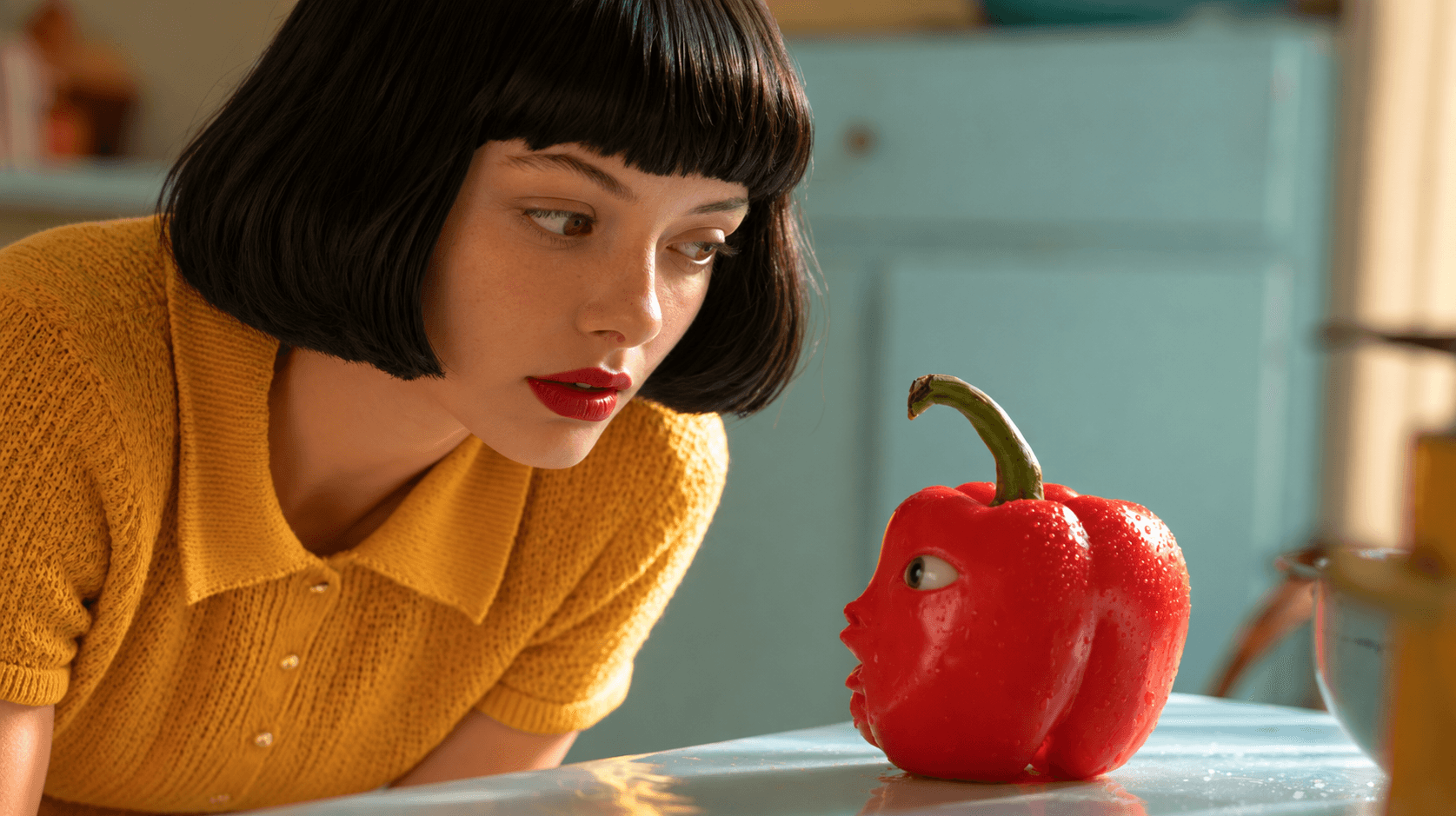 A woman in a yellow knit top leans toward a red bell pepper with a face in a sunlit kitchen.