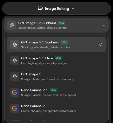 DomoAI model selector showing GPT Image 2.5 Sunburst, Flare and Nano Banana 2.1