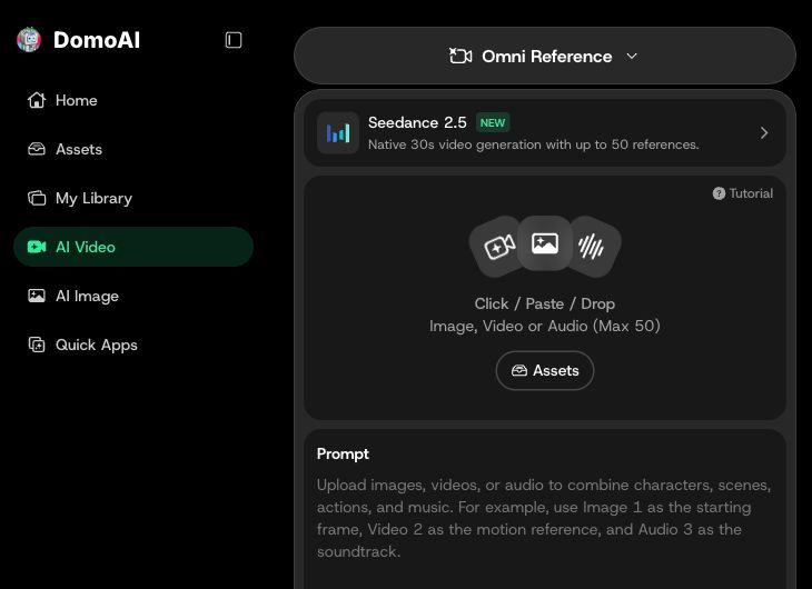 DomoAI entry path from AI Video to Omni Reference and reference upload