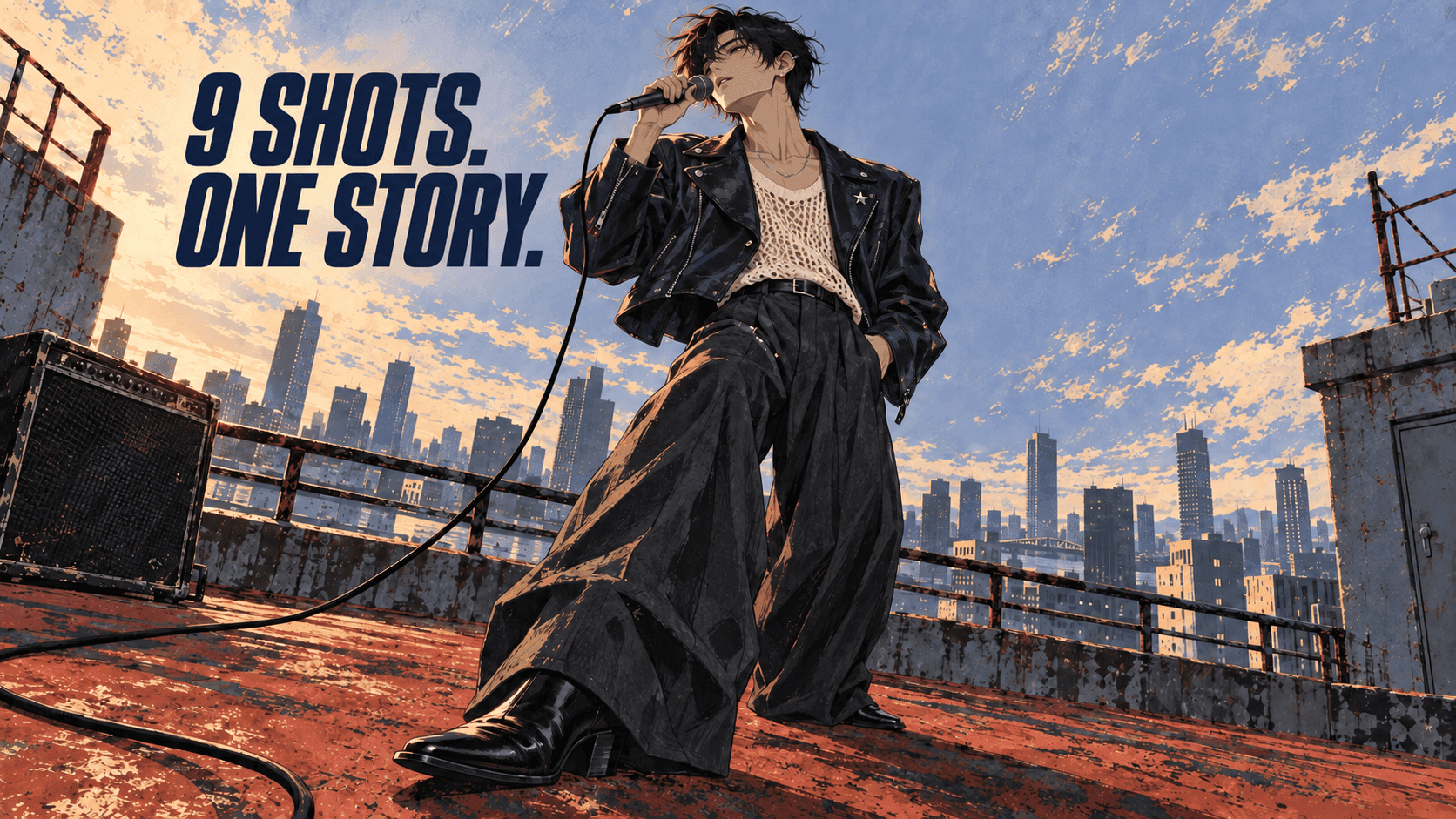 Anime singer holding a microphone on a rooftop at sunset beside the words “9 Shots. One Story.”