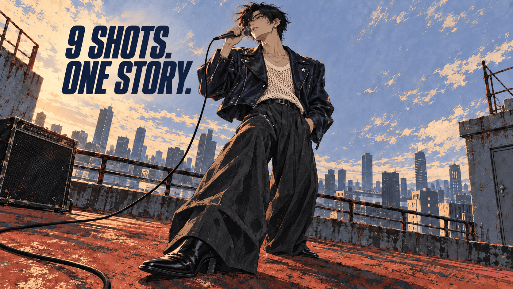 해 질 무렵 옥상에서 마이크를 든 애니메이션 가수와 이미지에 적힌 “9 Shots. One Story.”라는 제목
