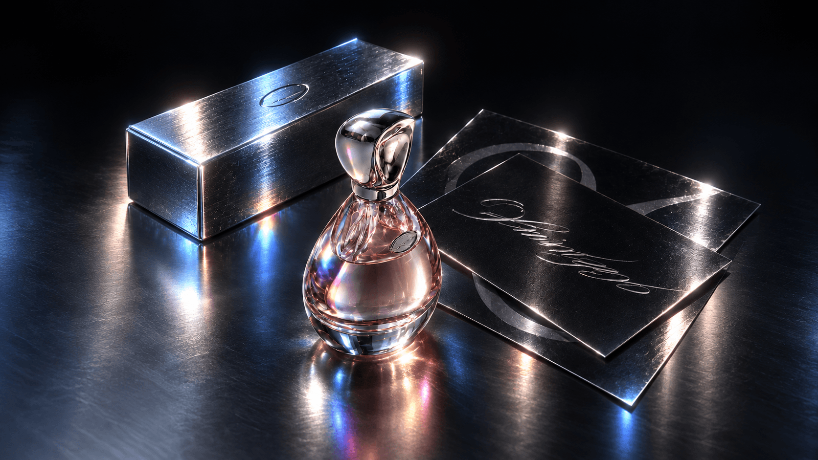 Glass perfume bottle displayed with reflective metallic packaging on a dark surface.