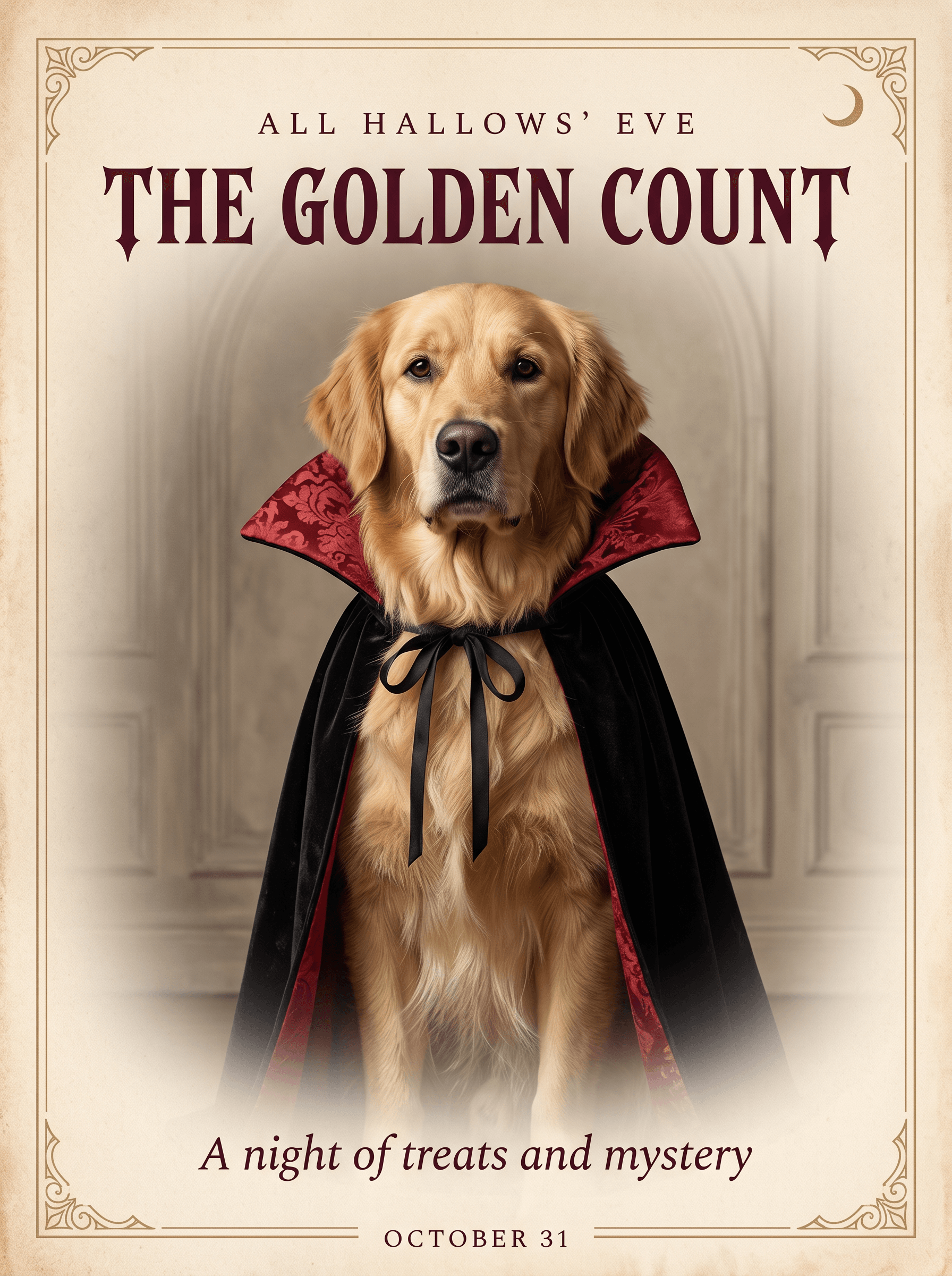 The Golden Count: generated golden retriever Halloween poster