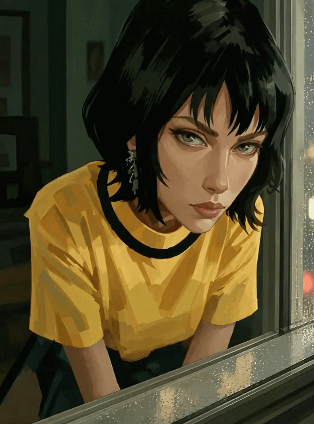 GPT Image 2.5 illustration of a dark-haired character in a yellow shirt leaning near a window.