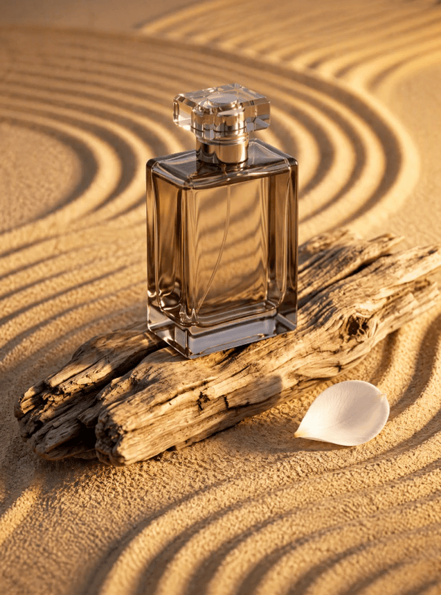 GPT Image 2.5 image of an amber perfume bottle on driftwood and sand.
