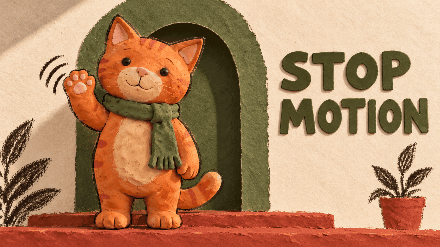 Orange clay cat wearing a green scarf and waving in a green doorway beside the words “Stop Motion”.