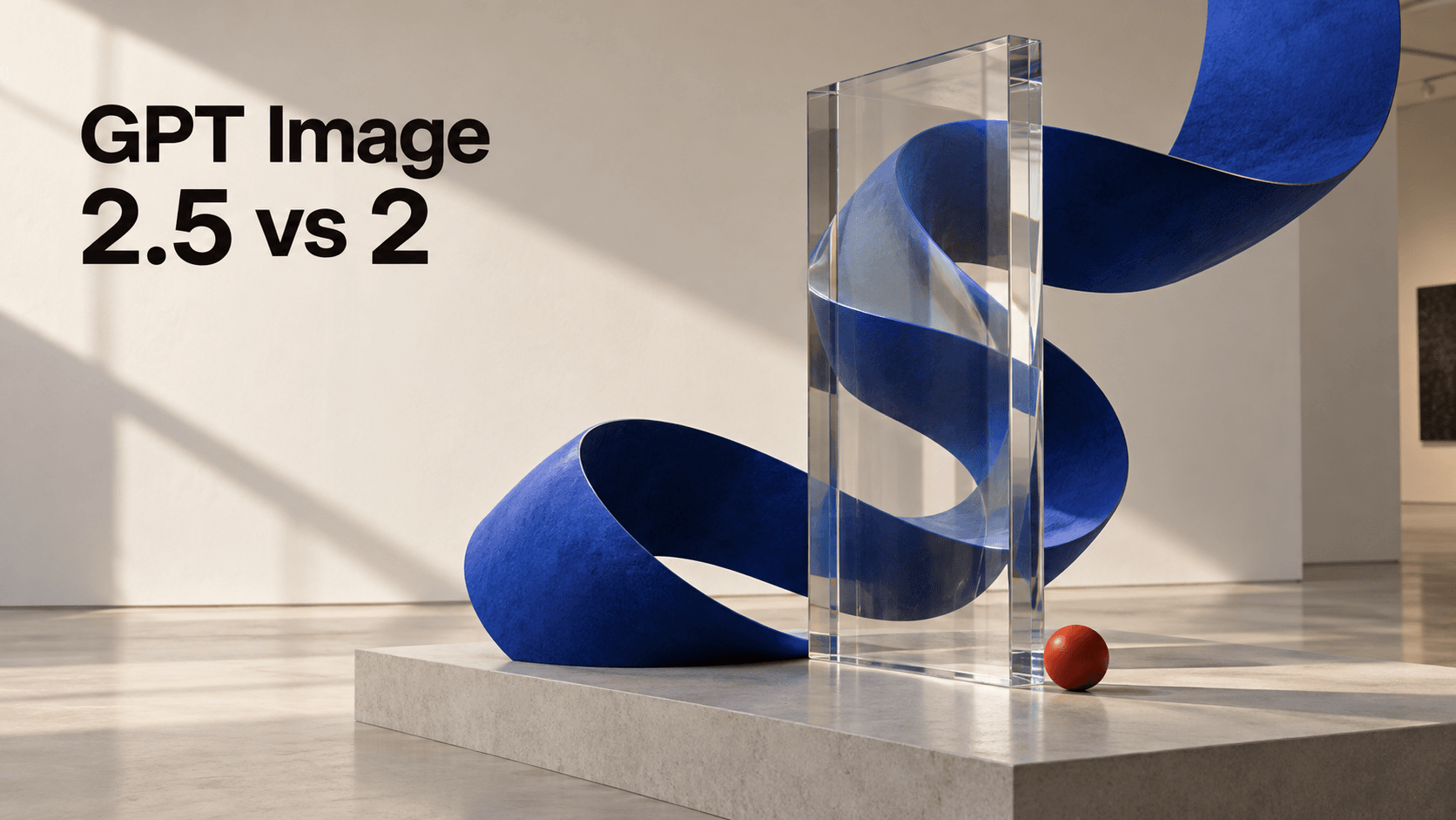 Cobalt ribbon sculpture passing through clear glass in a sunlit gallery, beside the title GPT Image 2.5 vs 2.