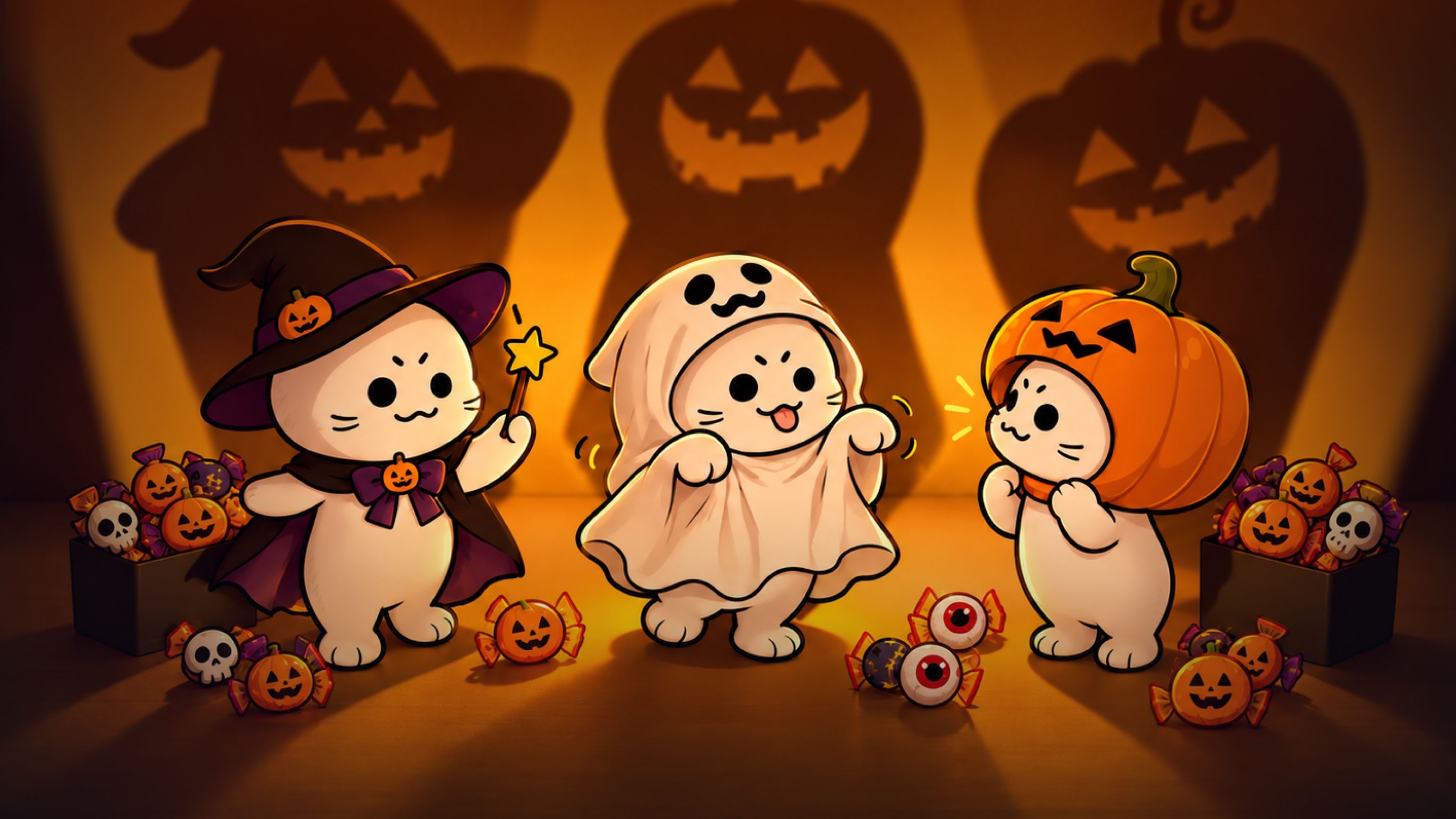 Three playful cartoon cats in witch, ghost, and pumpkin costumes, surrounded by Halloween candy and jack-o-lantern shadows.