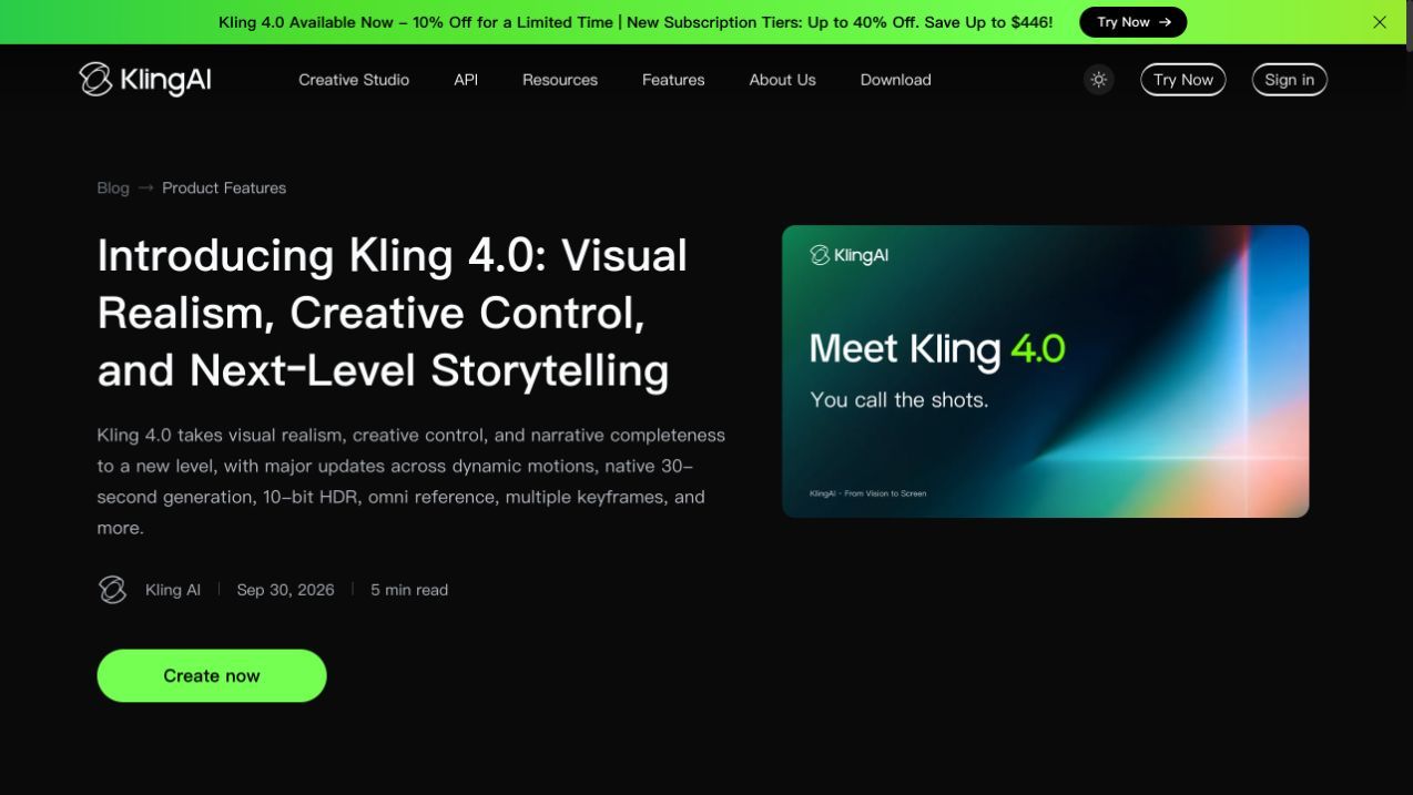 Kling 4.0 official announcement and availability banner