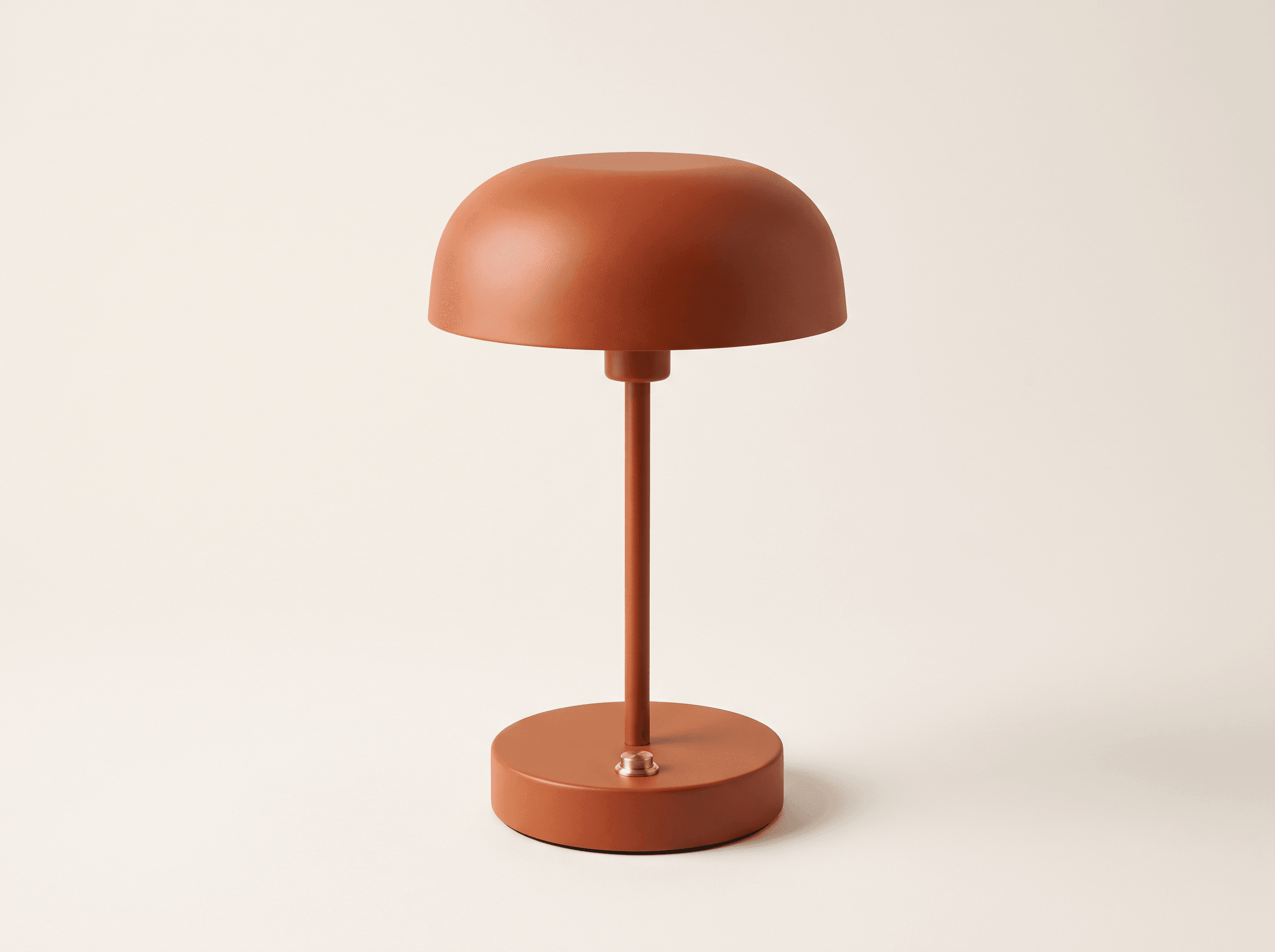 Burnt-orange mushroom table lamp with a slim stem, round base, and small brass button on an off-white studio background.