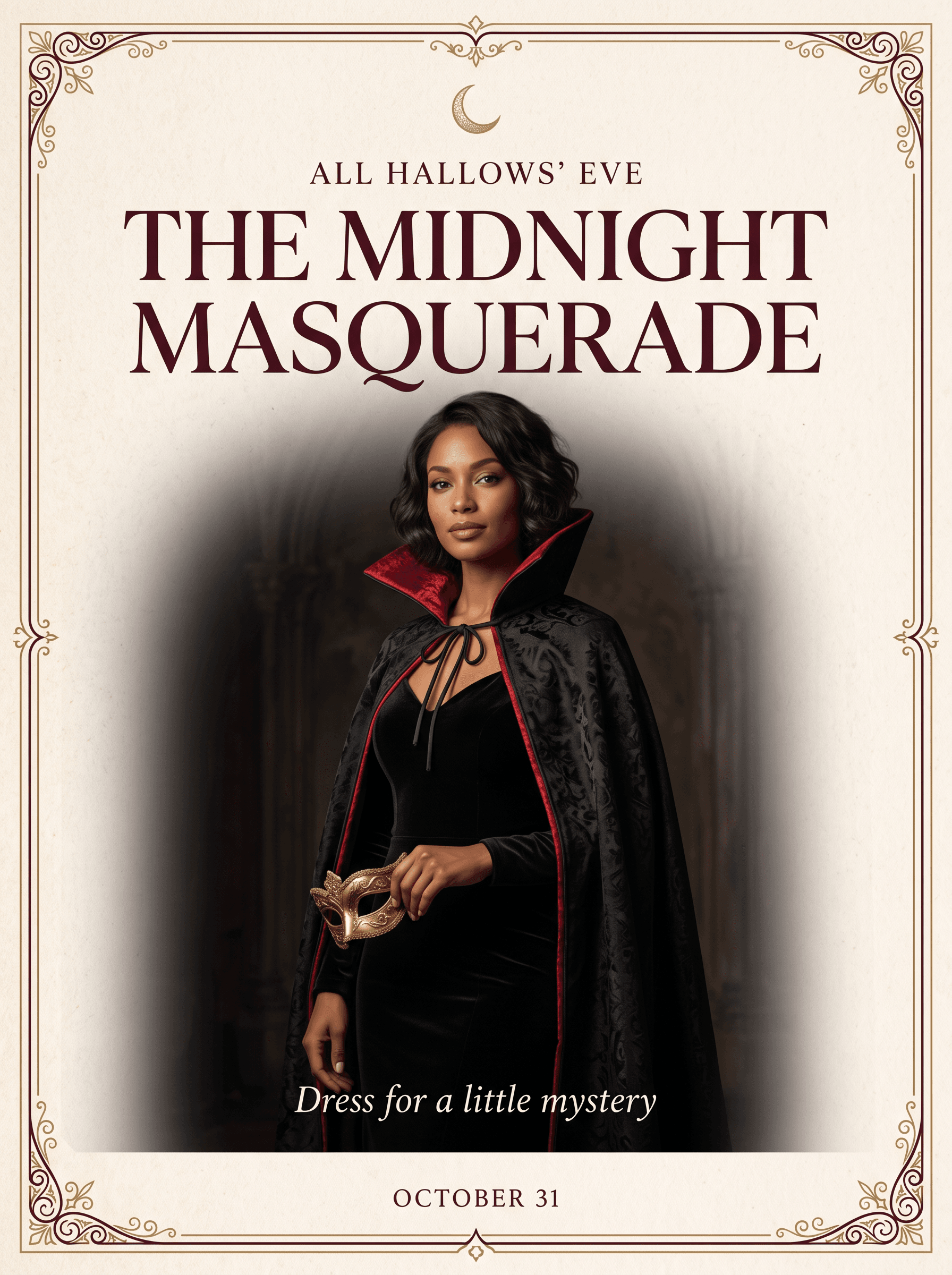 The Midnight Masquerade: generated fictional woman holding a gold mask