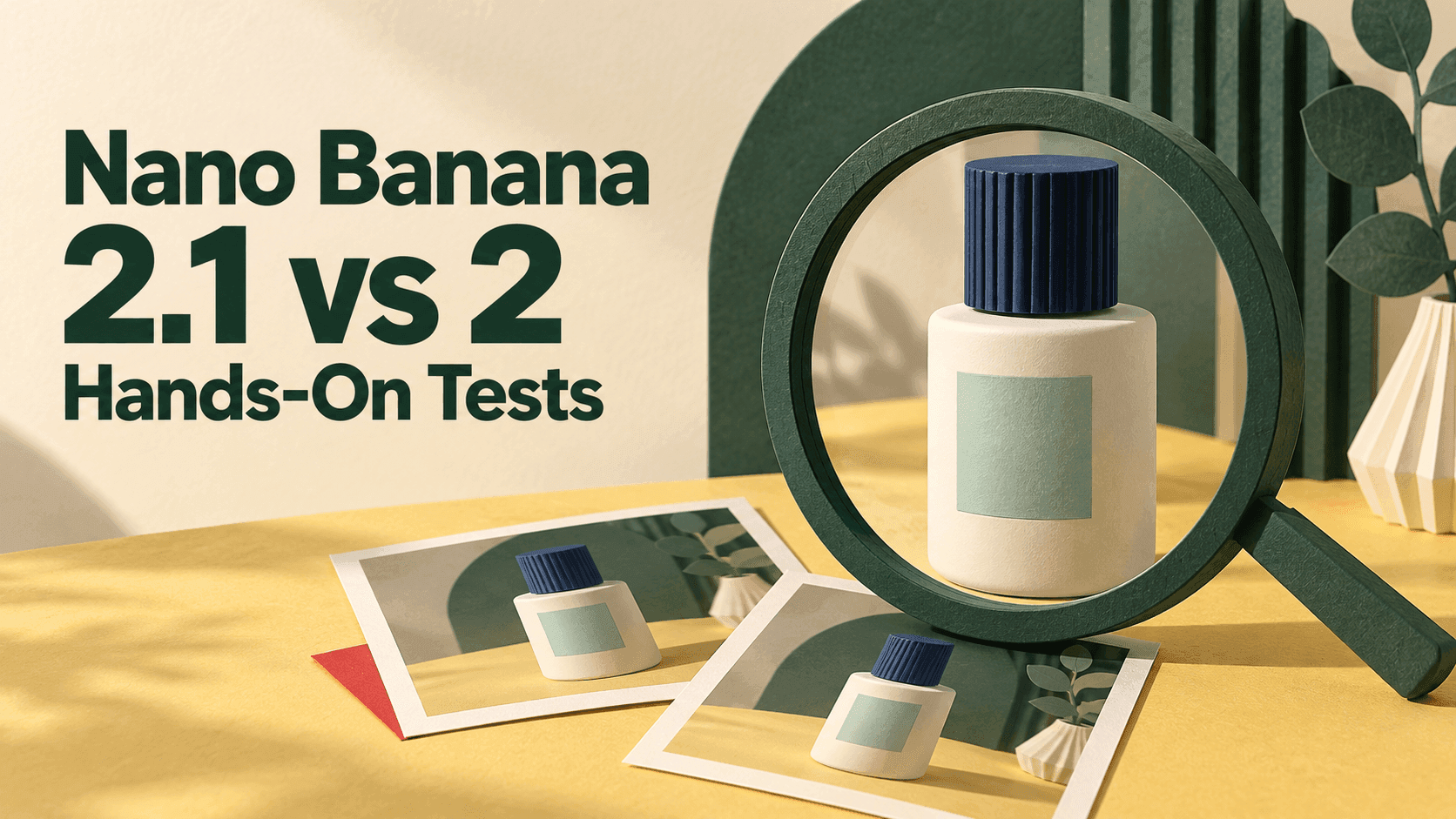 「Nano Banana 2.1 vs 2 Hands-On Tests」封面,放大鏡正在檢視一個插畫風格的商品瓶。