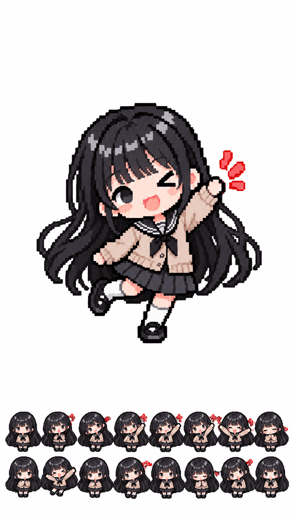 Pixel-art character with long black hair above two rows of small pose and expression variations.
