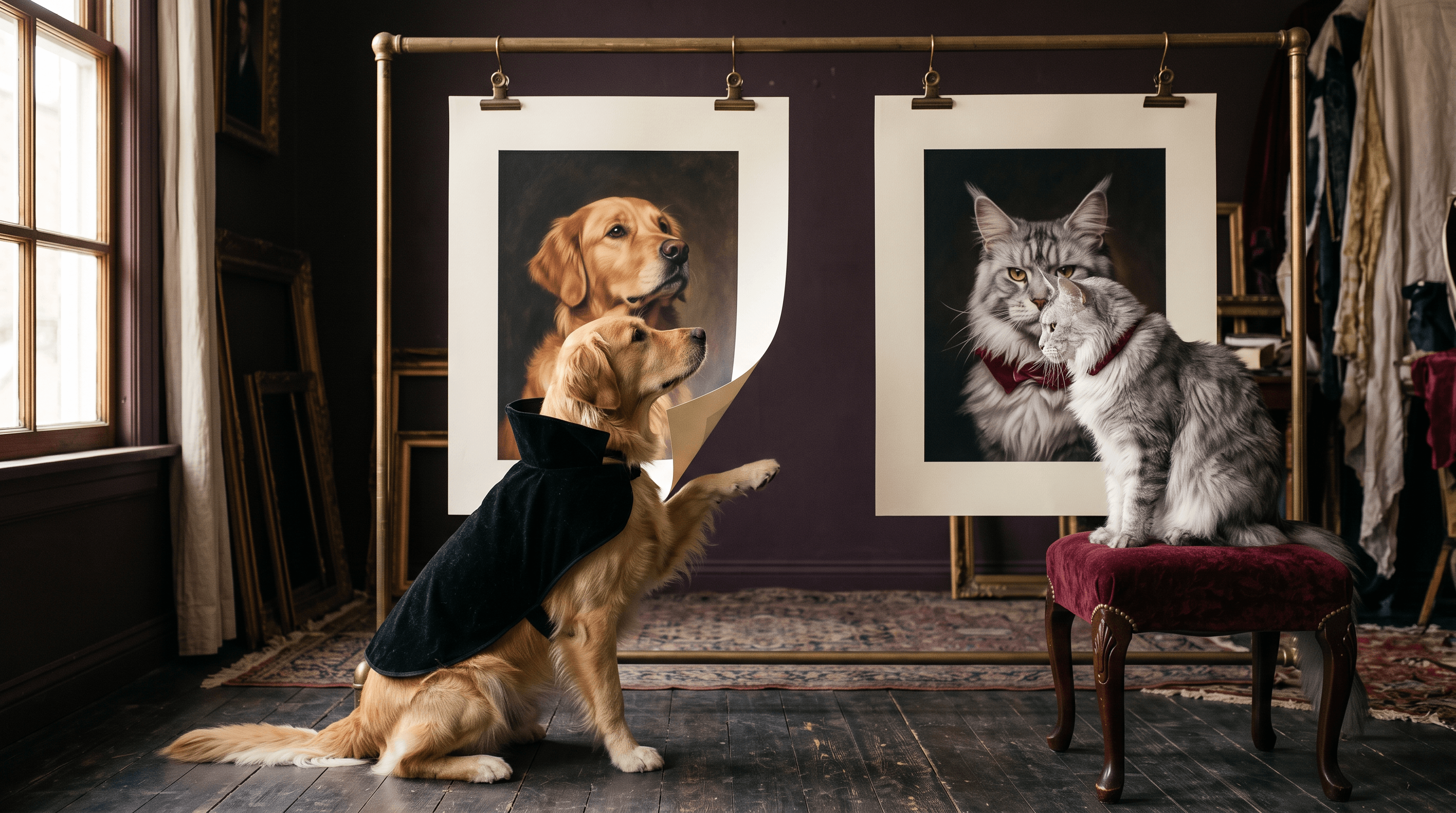 Golden retriever and cat beside their Gothic Halloween portraits in a studio
