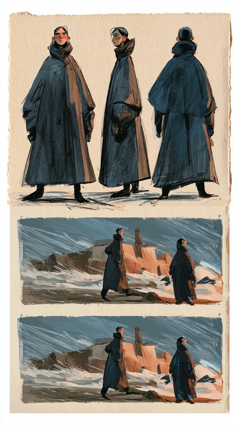 Character design sheet showing a cloaked figure from three angles above two illustrated storyboard scenes.