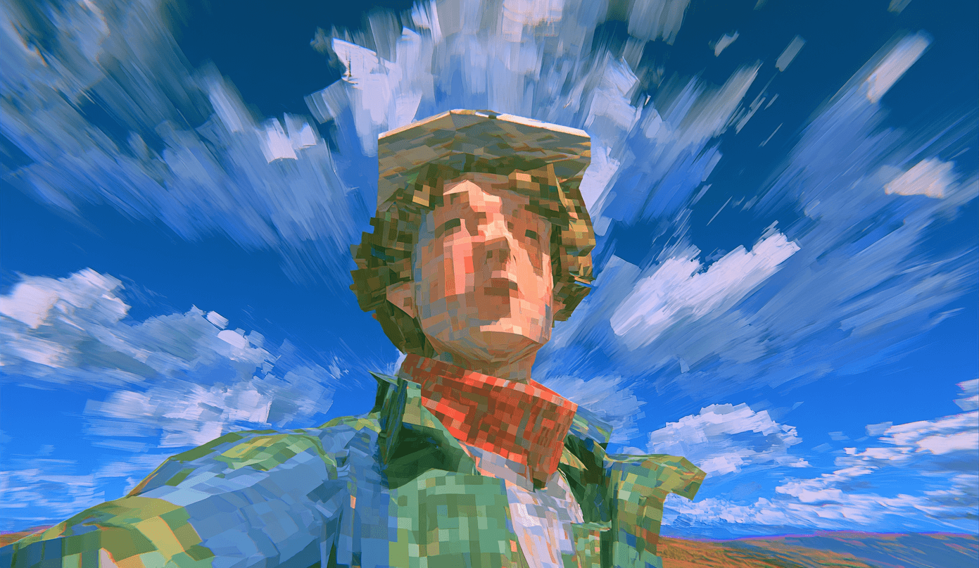 Low-poly 3D character in a green cap and red scarf against a vivid blue sky