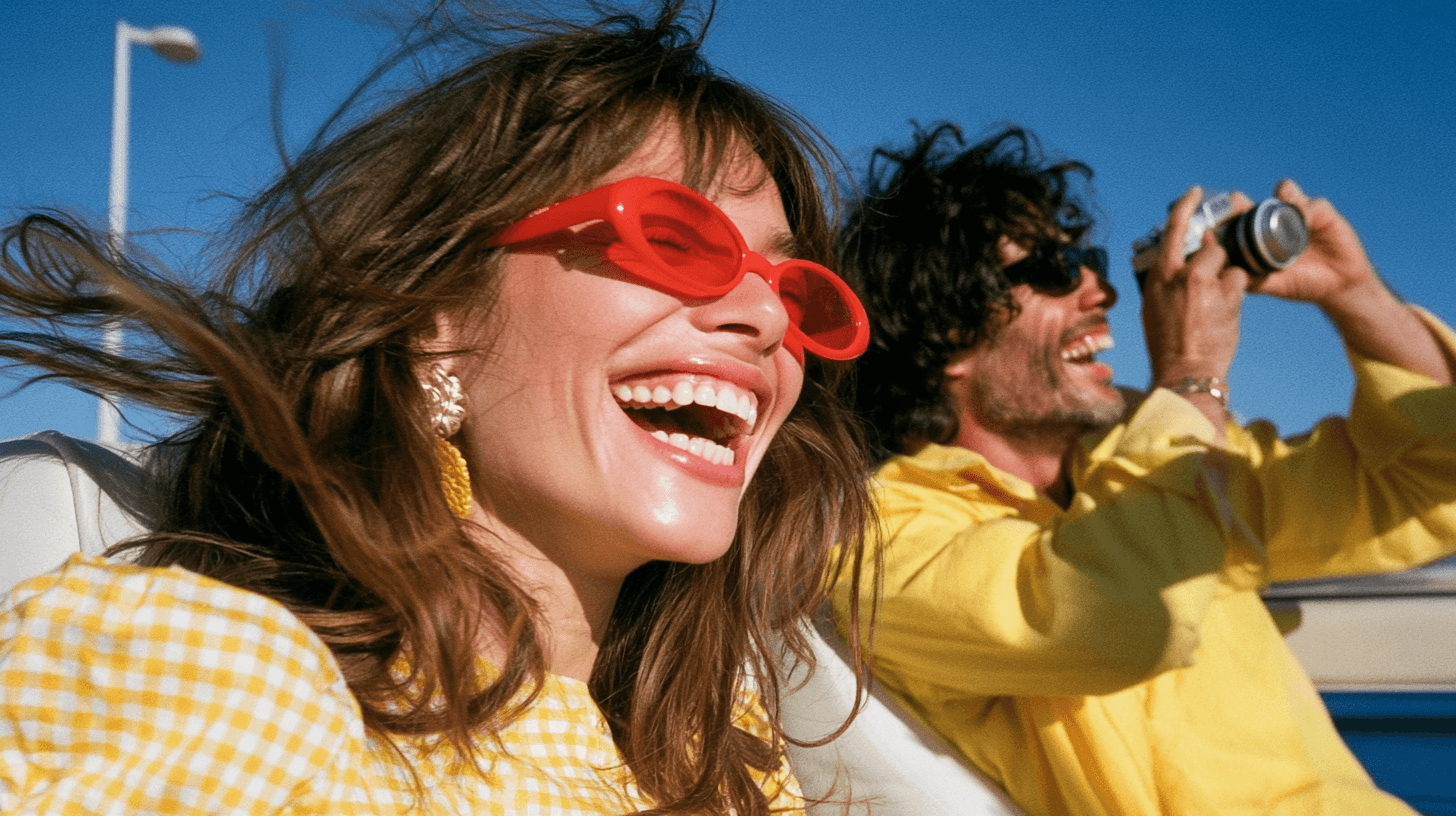 Smiling woman in red sunglasses beside a man holding a camera under a clear blue sky.