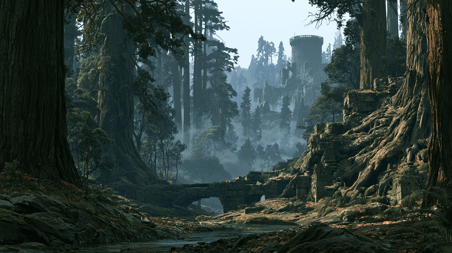 Ancient stone ruins surrounded by towering trees and exposed roots in a misty forest.