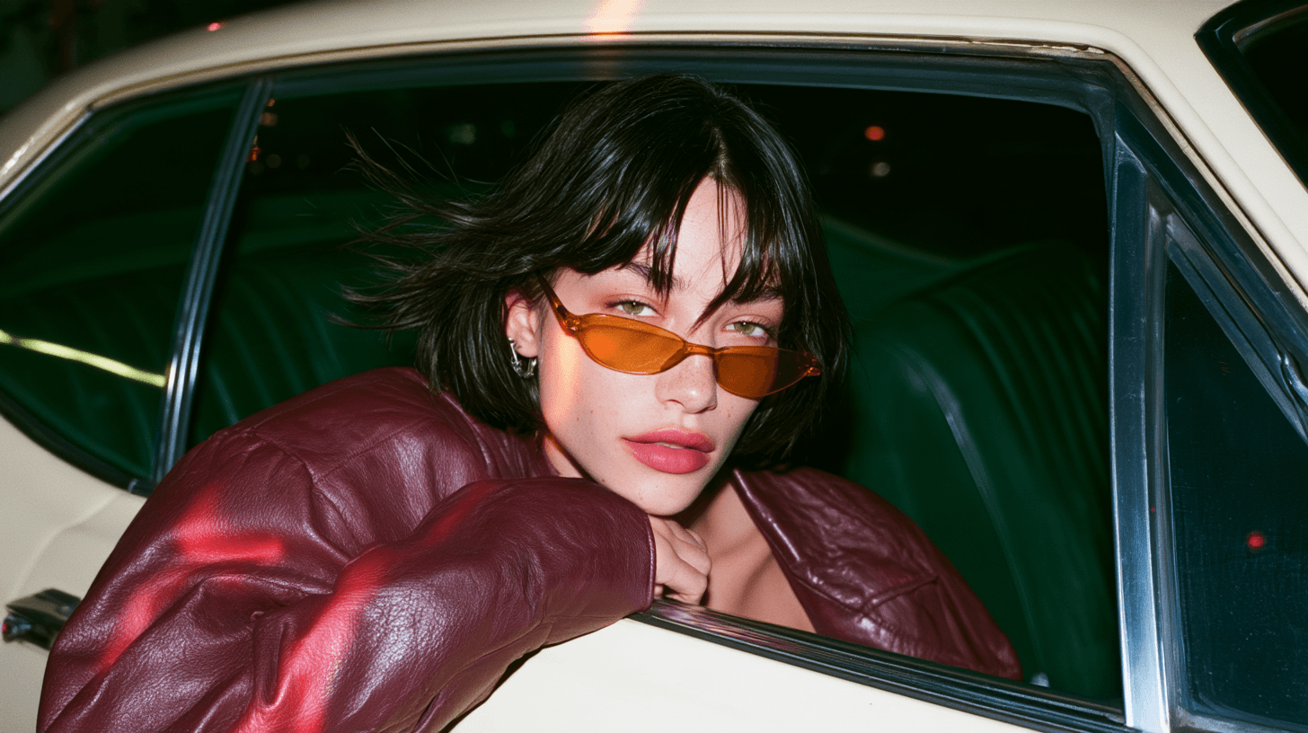 Woman in orange-tinted sunglasses and a burgundy leather jacket leaning through a car window.