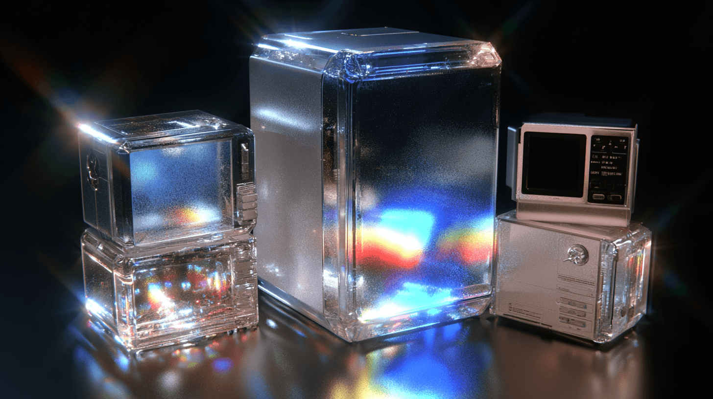 Transparent retro electronic devices displayed as a glossy product concept under colored studio lights