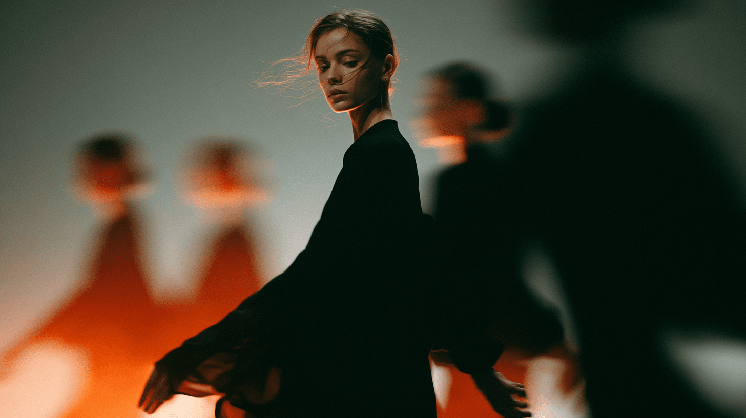 Contemporary dancer in black performing amid motion-blurred figures and orange stage lights