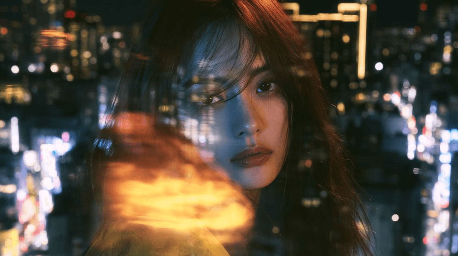 Portrait of a woman seen through glass with colorful city lights reflected across her face.