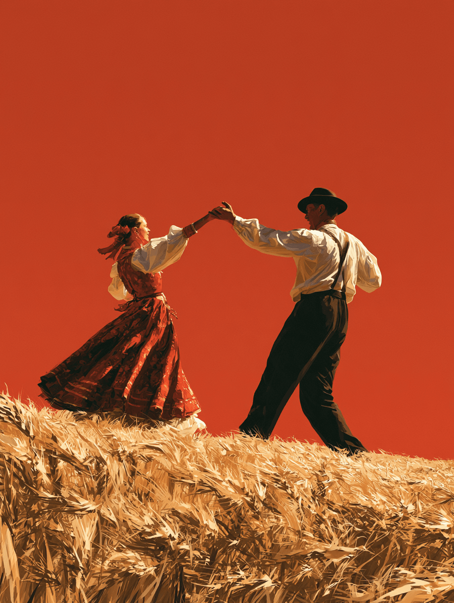 Folk dancers in traditional clothing above a golden wheat field against a red background.